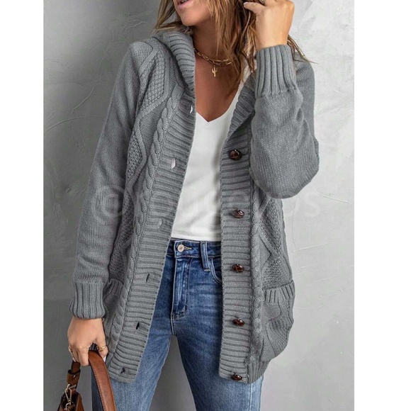 Sherpa Grey Knit Hooded Cardigan Front Pockets Long Sleeves Hip Length Buttoned - Picture 3 of 17
